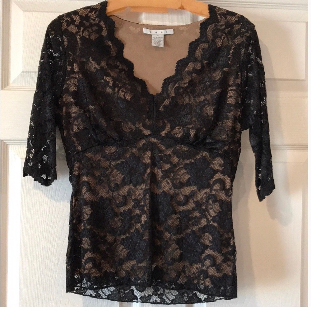 CAbi Black Lace 3/4 Sleeve Top, size medium